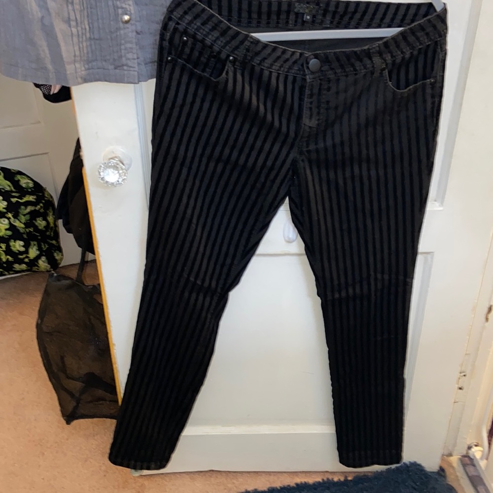 Black velour pinstriped jeans